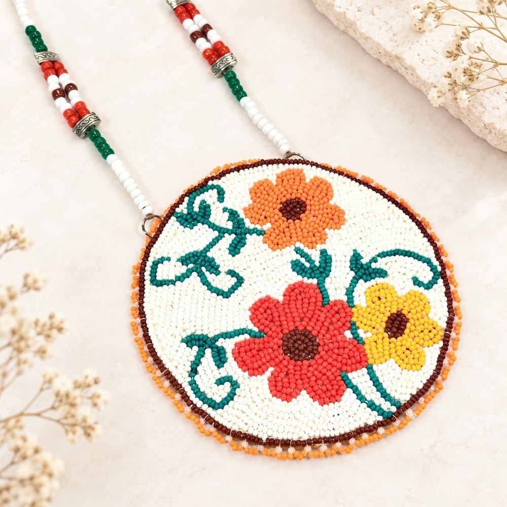 Handmade Native American Floral Seed Bead Medallion Statement Necklace Leather